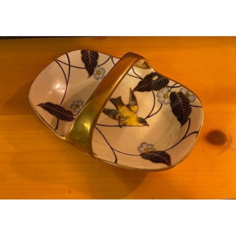 Antique Noritake Hand Painted Bird Floral Luster Porcelain Basket Candy Dish